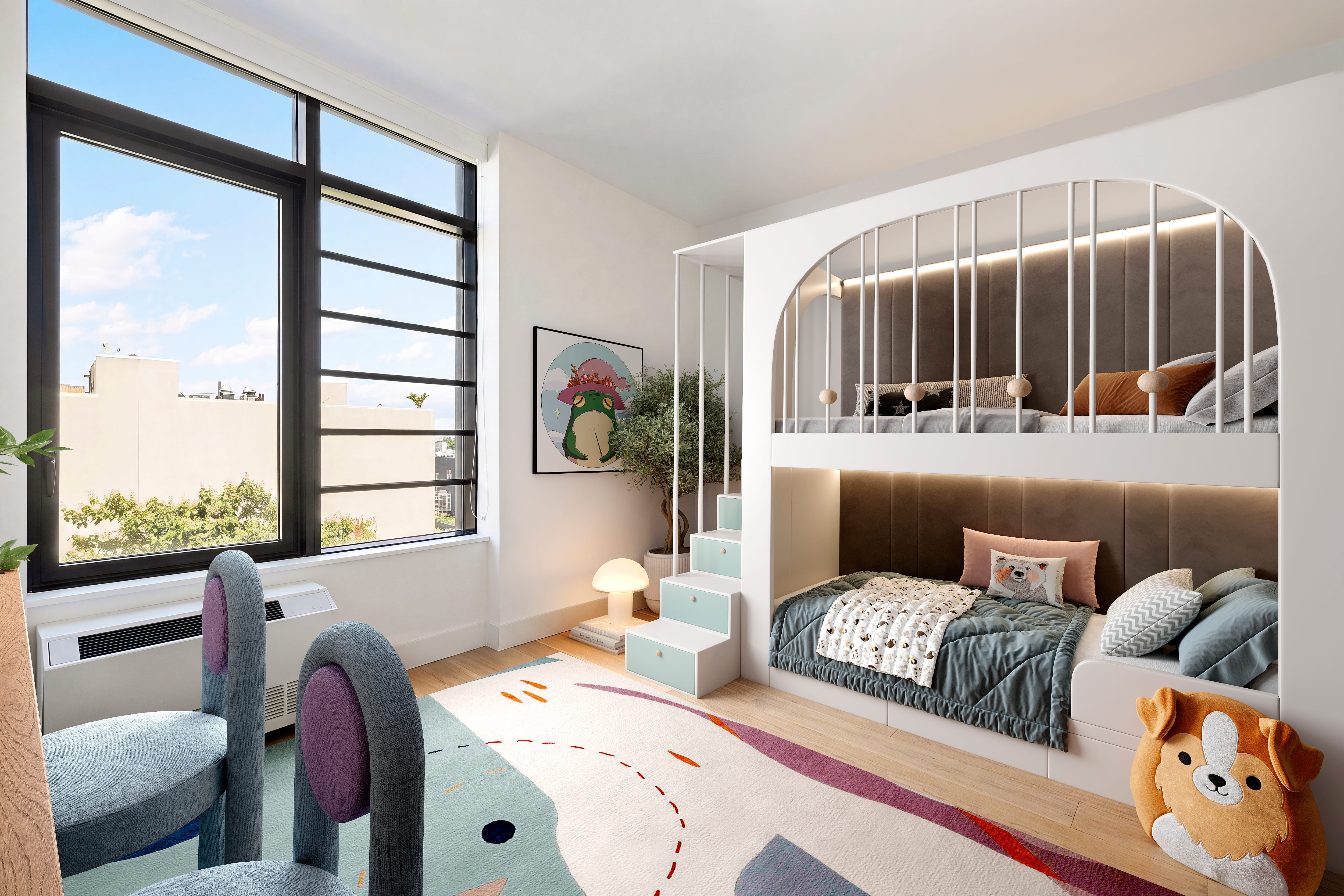 Kids bedroom with arched bunk bed and playful rug