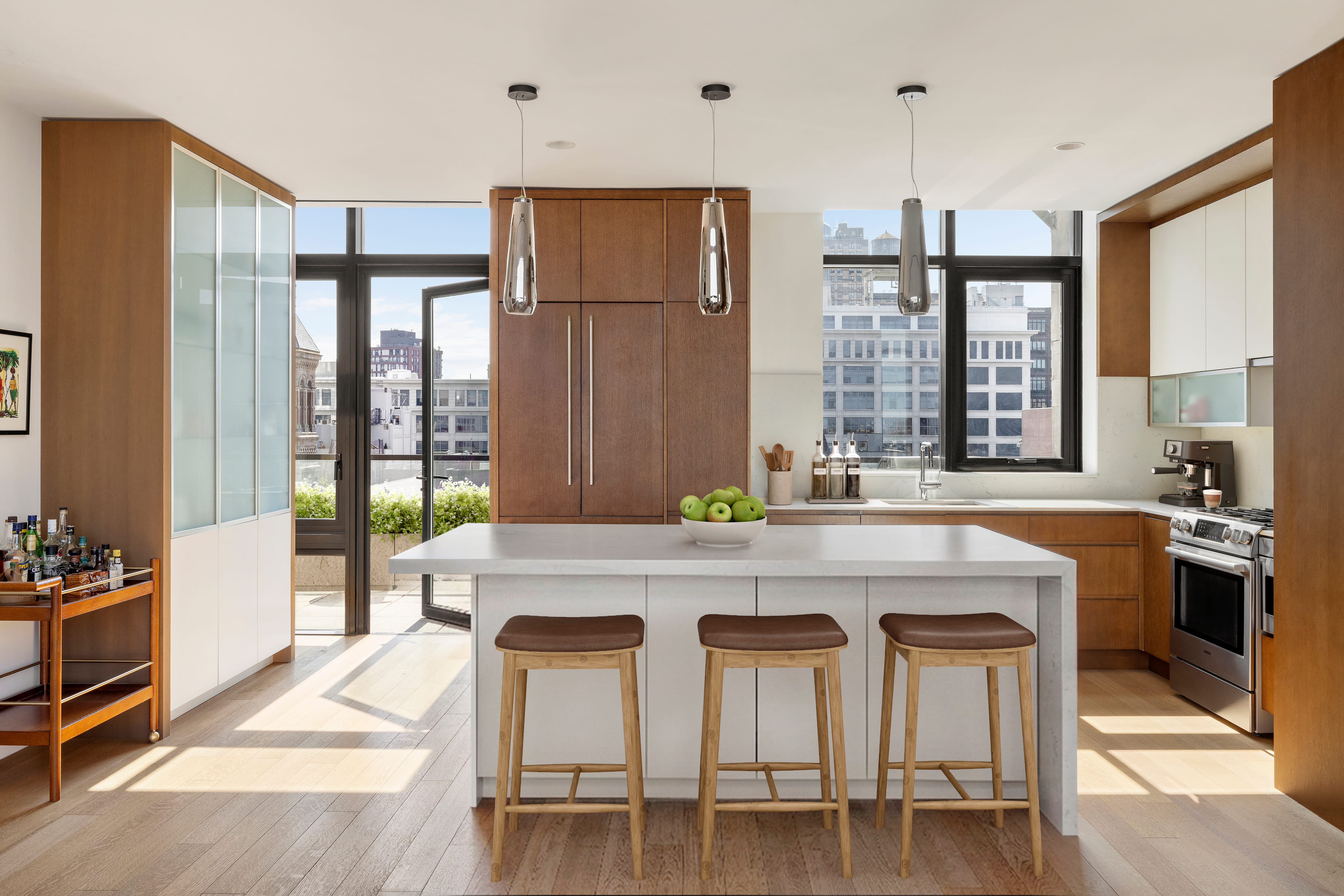 Second view of the kitchen with bar cart and terrace access