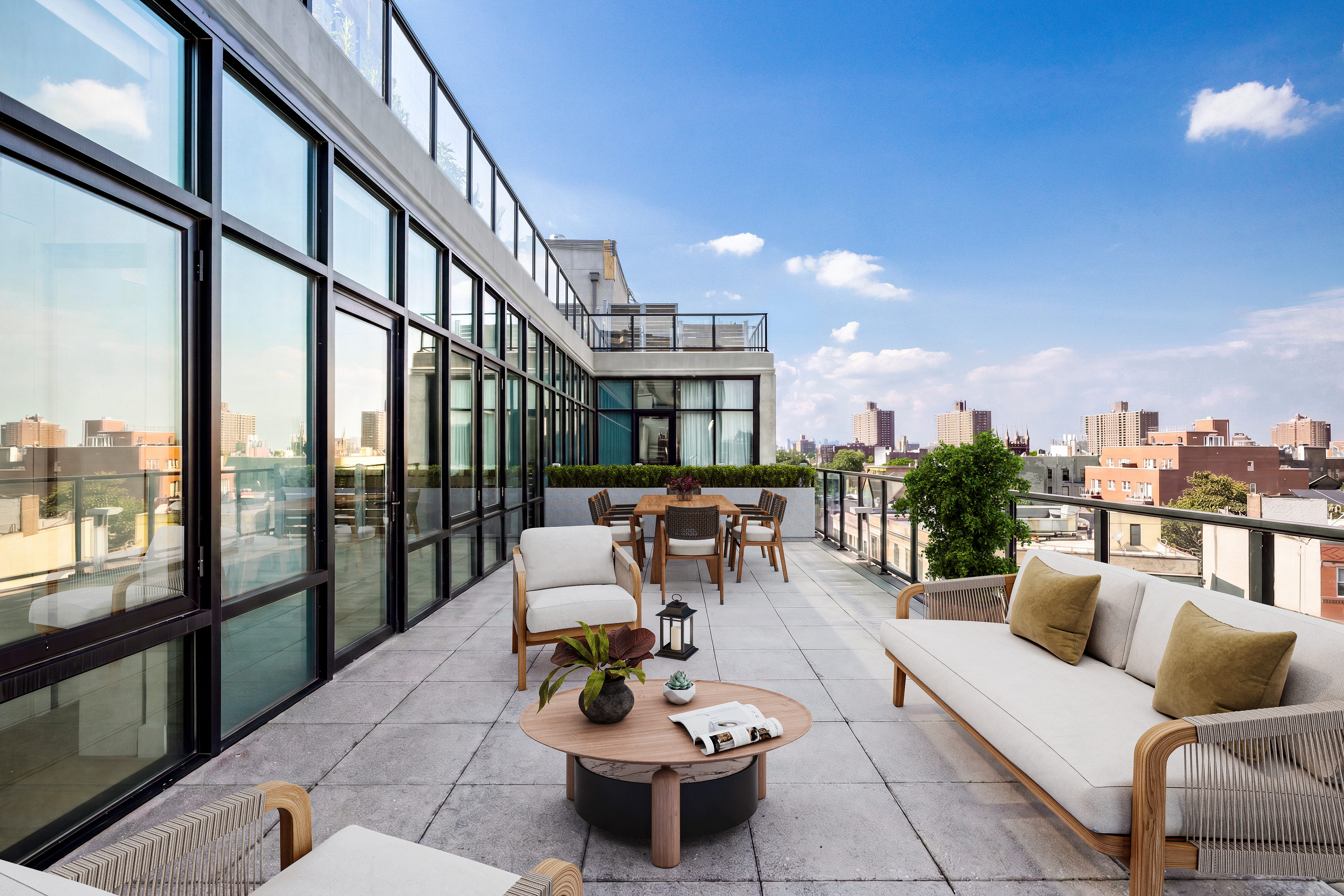 Wraparound terrace of 500 Waverly Ave Penthouse 1 with skyline views
