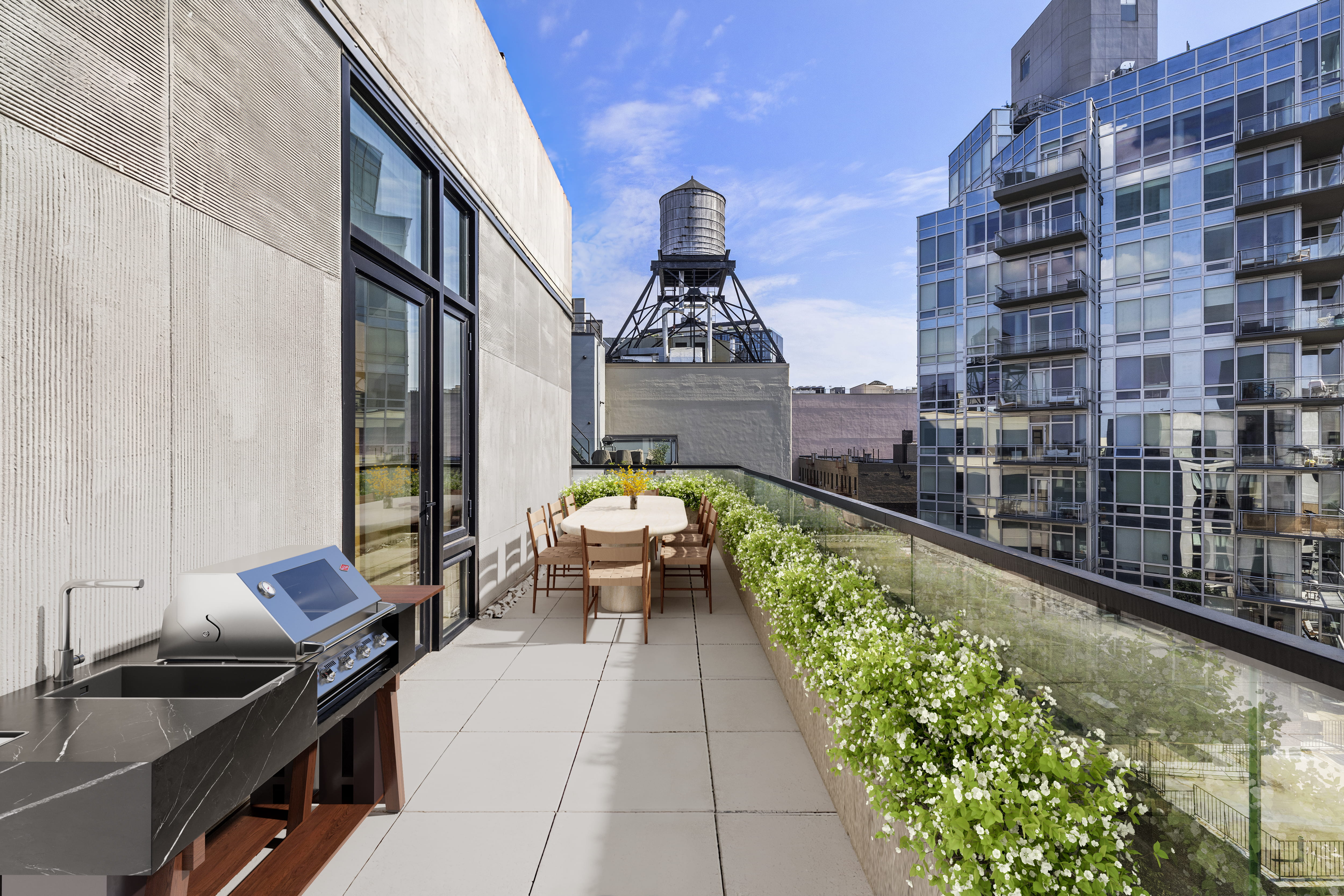 South terrace with outdoor kitchen and dining, one of two private terraces